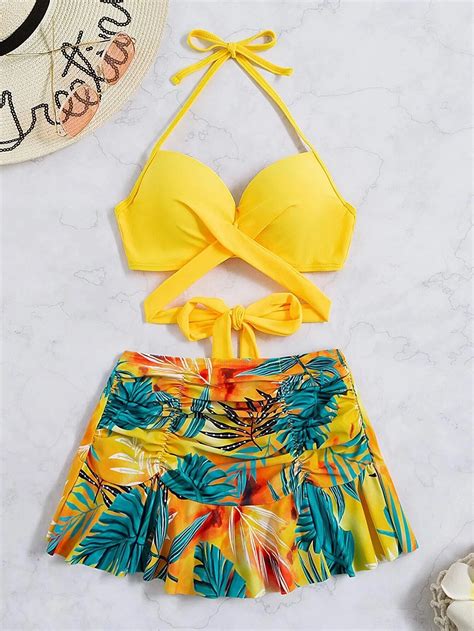 Yellow Halter Swim Skort Bikini Sets For Women Tropical Print Bra Cup