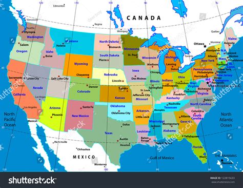 Interestingly, the 13 original colonies of great britain in north america were all located along the east coast. Colorful Usa Map States Capital Cities Stock Vector ...