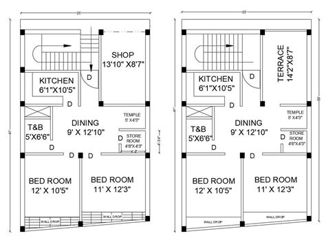 25x41 Plot Size 2 Bhk House Floor Plan Drawing Dwg File Cadbull