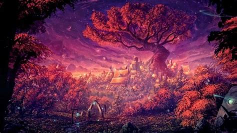 Fantasy Landscape Village Sacred Tree Tablets Magical Autumn