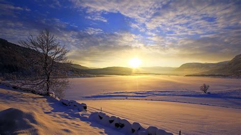 Landscapes Lakes Winter Snow Sunset Sunrise Sky Clouds Ice Frozen