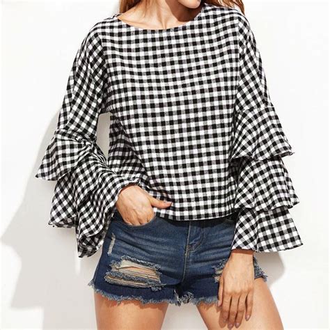 Plus Size Womens Bell Sleeve Blackwhite Gingham Blouse Casual