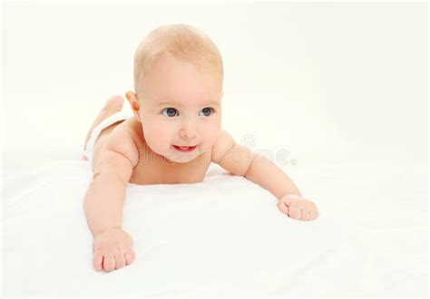 Portrait Happy Cute Baby Lying Crawls On Bed Stock Photo Image Of