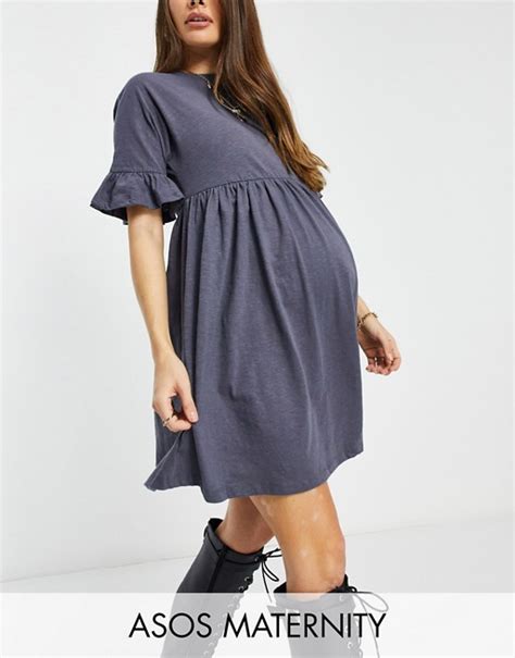 Asos Design Maternity Super Oversized Frill Sleeve Smock In Charcoal