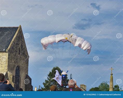 Red Parachute Is In The Amazing Blue Sky Military Parachutist Is