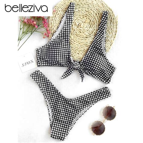 Belleziva Women Thong Plaid Front Tie Bikini Set Checked Plunging Neck