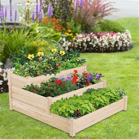 3 Tier Wooden Elevated Raised Garden Bed Planter Kit Grow Gardening