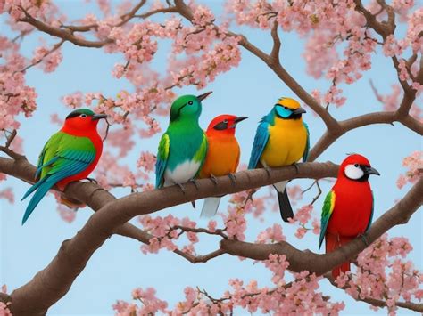 Premium Ai Image Colorful Birds Sit On Branches Of The Tree
