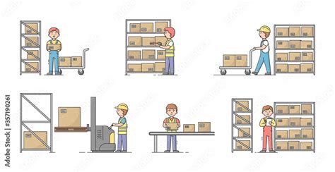 Warehouse Concept Set Of Workers At Work On Warehouse Characters Sort