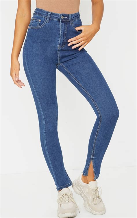 Mid Blue Wash Side Split Hem Skinny Jeans Prettylittlething Aus