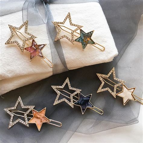 New Arrival Rhinestone Hairpin For Women Metal Geometric Hollow Out Stars Shell Stones Gold Hair