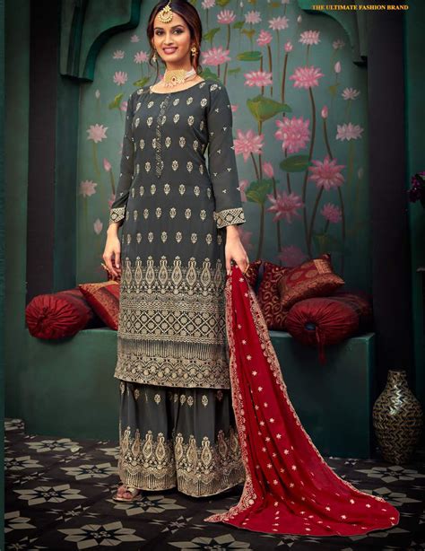 Grey Colour Punjabi Party Wear Sharara Suits With Red Dupatta