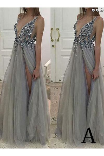 Shop over 1,600 top long black dress with slit and earn cash back all in one place. Gray Deep V-neck Side Slit Tulle Long Prom Dress With ...