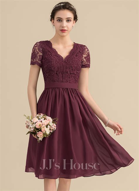 A Line V Neck Knee Length Chiffon Lace Bridesmaid Dress With Lace