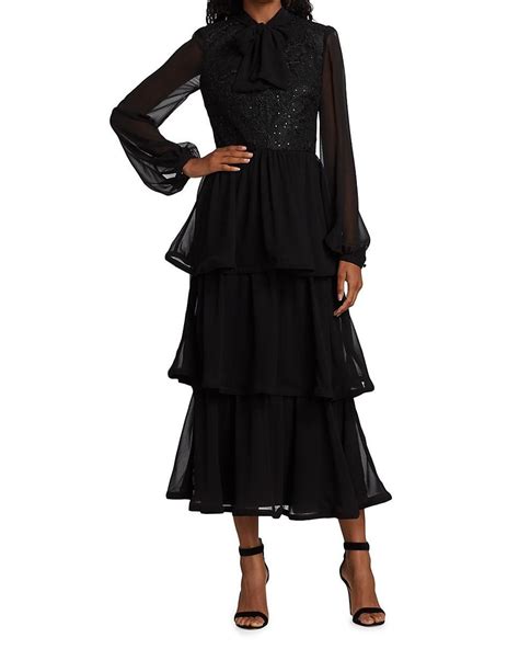 Badgley Mischka Georgette Tiered Ruffle Dress In Black Lyst