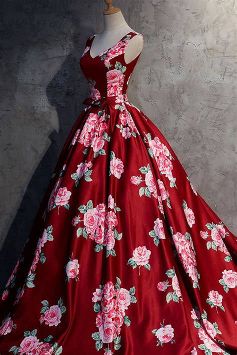 Dark Red Floral V Neckline Gorgeous Gowns Red Formal Gowns Pretty Fl