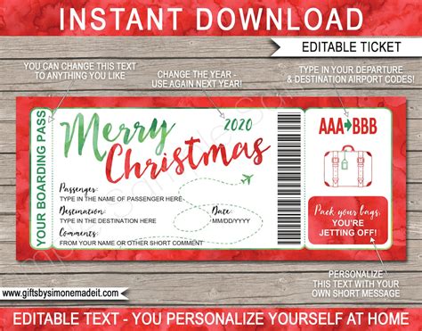 christmas boarding pass template plane ticket fake surprise etsy