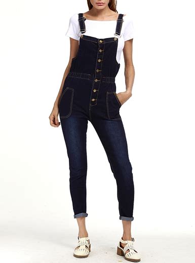 Womens Skinny Overalls With Front Button Detail Dark Blue