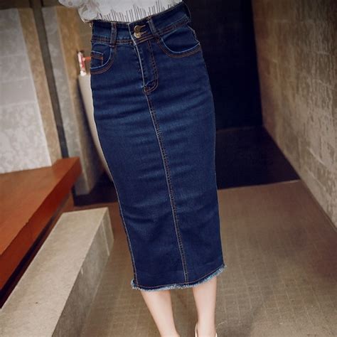 Korea 2016 High Waist Hip Slim Woman Long Jean Denim Skirt Midi Straight Tight Female Bodycon