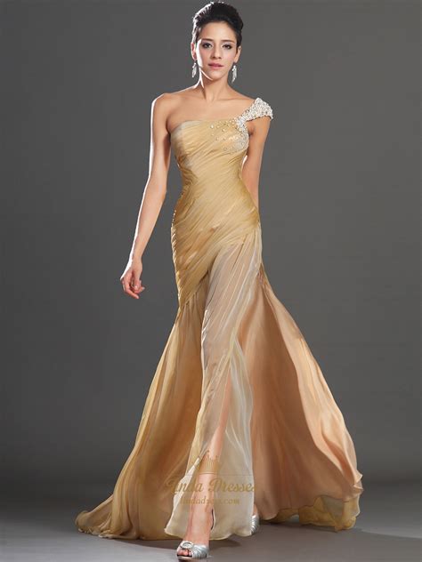 gold one shoulder prom dress with ruched bodice and beaded straps linda dress