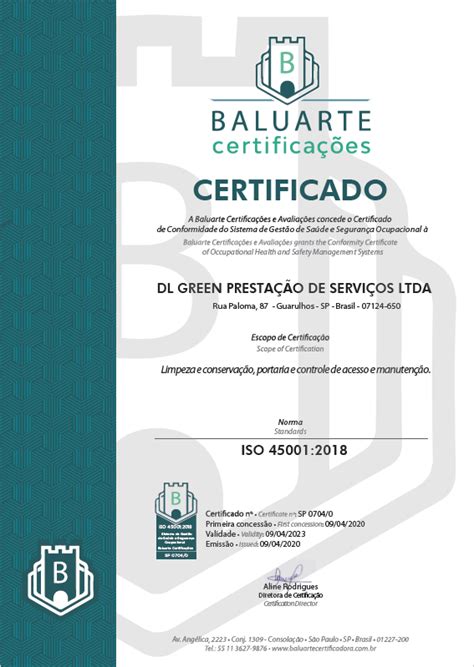 Certificado ISO 45001:2018 - DL Green Terceirização de Serviços