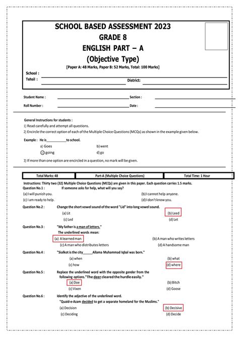 Grade 8 School Based Assessment English 2023 Papers