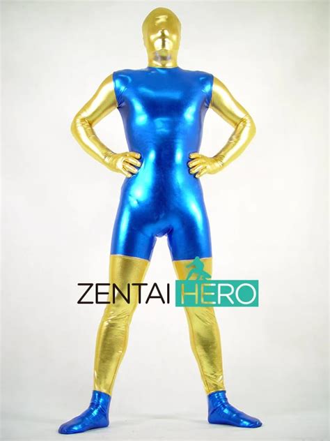 Free Shipping Dhl New Sexy Strong Blueandgold Costume Full Body Shiny Metallic Zentai Cosplay