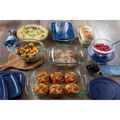 Pyrex Easy Grab 19 Piece Glass Bakeware Set With Blue Lids Bake And Serve Sets