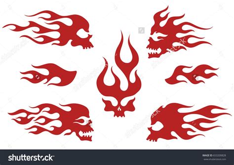 Red Silhouettes Of Flaming Skulls Emblem Set Old School Fire Logos