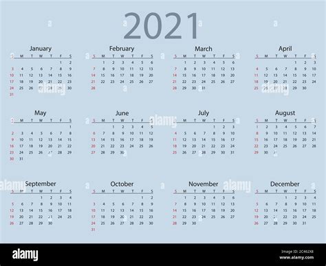 Calendario 2021 La Semana Comienza El Domingo Ilustración Vectorial