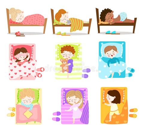 Set Of Little Boys And Girls Sleeping In Their Beds Vector