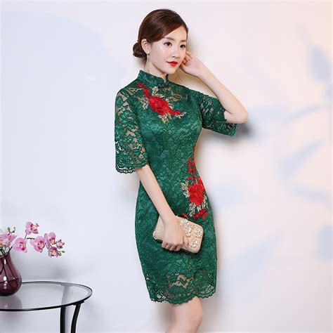 Modern Cheongsam Lace Qipao Green Chinese Traditional Dress Oriental Evening Dresses China