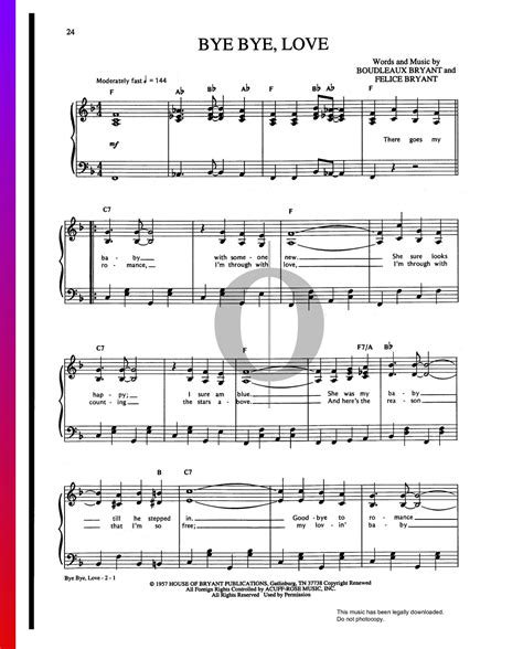 Bye Bye Love Sheet Music Piano Voice Oktav