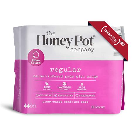 The Honey Pot Company Clean Cotton Regular Absorbency Pads 20 Count Herbal Infused Pads With