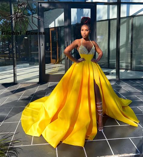 fatapaese sexy black girls mermaid yellow prom dresses 2019 silver appliques sheer neck satin