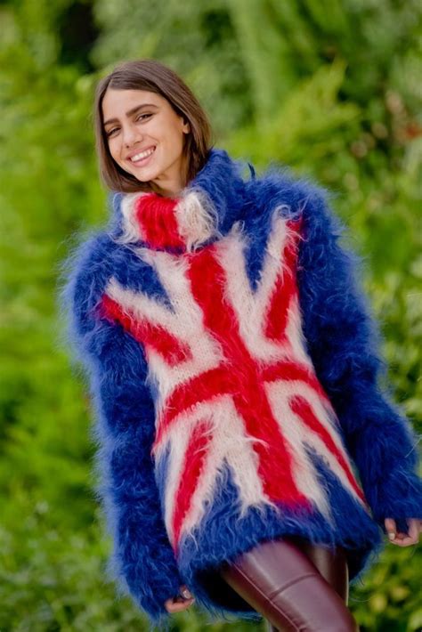 tiffy mohair hand knitted t neck british flag sweater fuzzy fluffy s m l xl handmade sweater