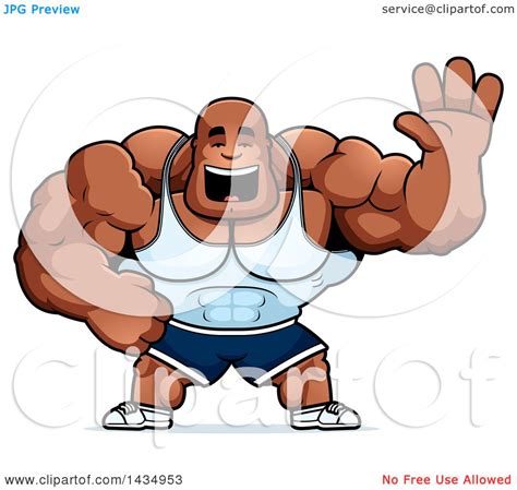 Clipart Of A Cartoon Buff Muscular Black Bodybuilder Waving Royalty