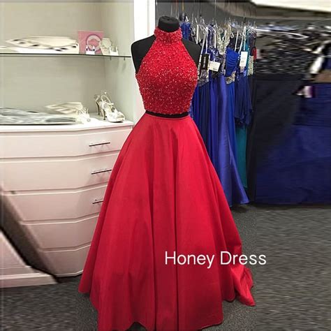 Honey Dress — Red Halter Neckline Prom Dresstwo Piece Beaded Prom