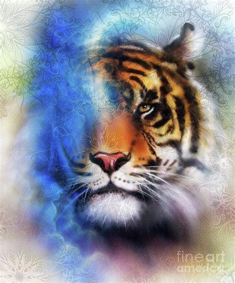 Tiger Collage On Color Abstract Background And Mandala With Ornament