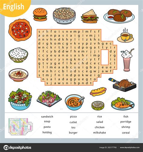 Word Search Puzzle Cartoon Set Of Food Education Game For Children