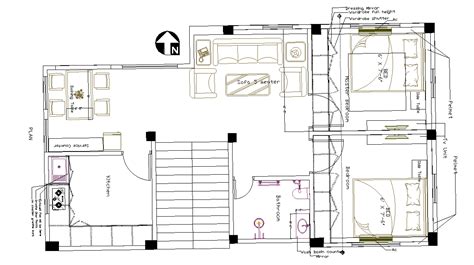 2 Bhk House Floor Plan With Column Layout Drawing Dwg File Cadbull