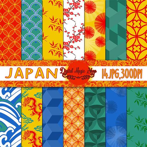 Japanese Digital Papers Pack Seamless Patterns 14pcs 300dpi Paper