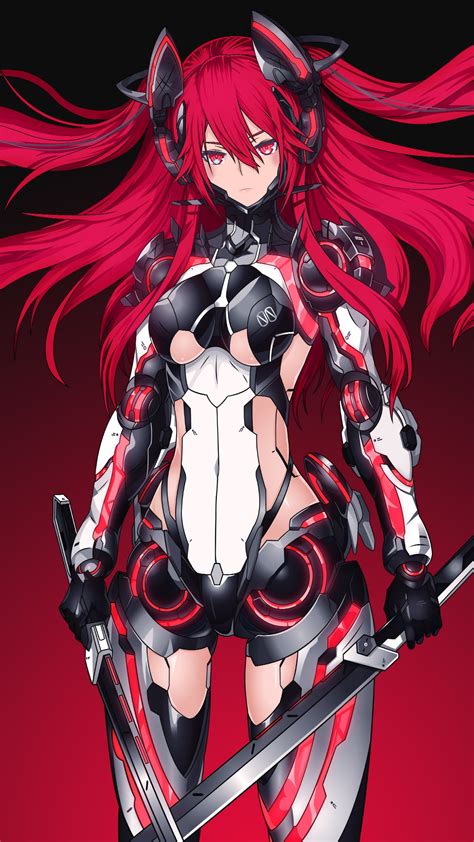 Wallpaper Mecha Girl Red Warrior Katana 4k Anime