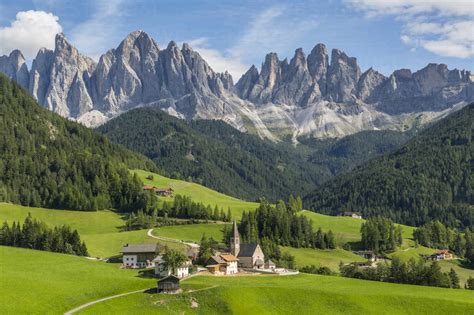 View Of Church And Mountain Backdrop Val Di Funes Bolzano Province