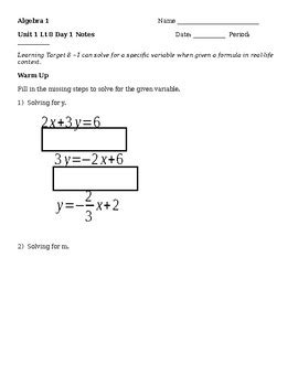 The best source for free variables worksheets. 1.8 Day 1 Notes - Solving for a specific variable when given a formula
