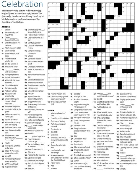Here are the free printable crossword puzzles. MHC Crossword Puzzle: A Challenge for All Mount Holyoke ...