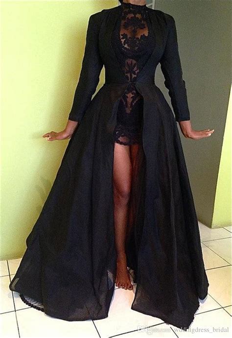 sexy black lace two pieces prom dresses long sleeves detachable coat floor length evening
