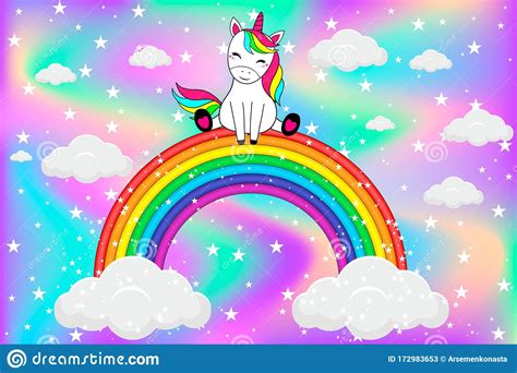 Cute Unicorn Sitting On Rainbow With Clouds And Stars Cartoon