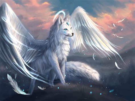 A White Wolf With Angel Wings Sitting On Top Of A Hill Under A Cloudy Sky