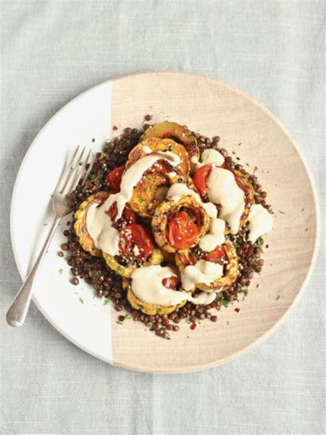 Miso Butter Roasted Delicata Squash And Tomatoes With Lentils And Sesame